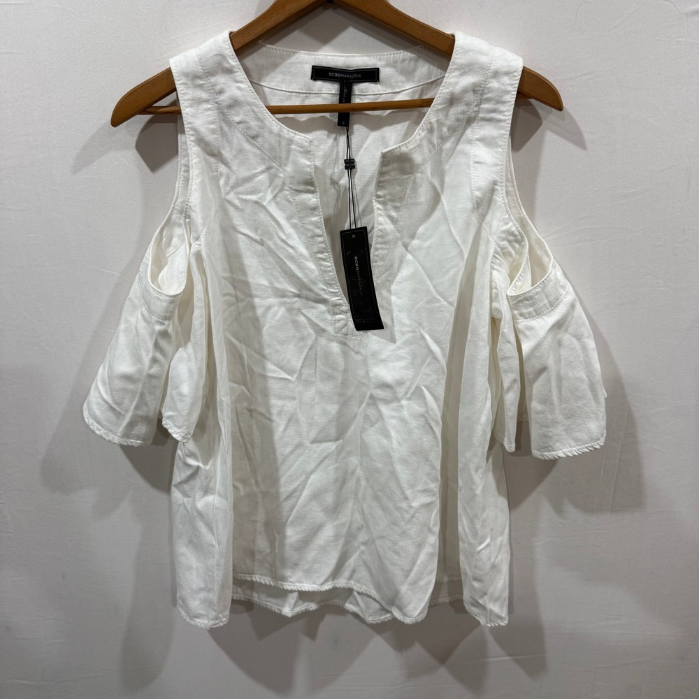 BCBGMAXAZRIA‎ Tarah White Cold Shoulder Cotton Tencel Blouse ALU1Y661-100 Mens S